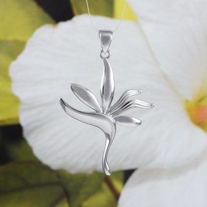 New Silver Large Bird of Paradise Pendant Necklace